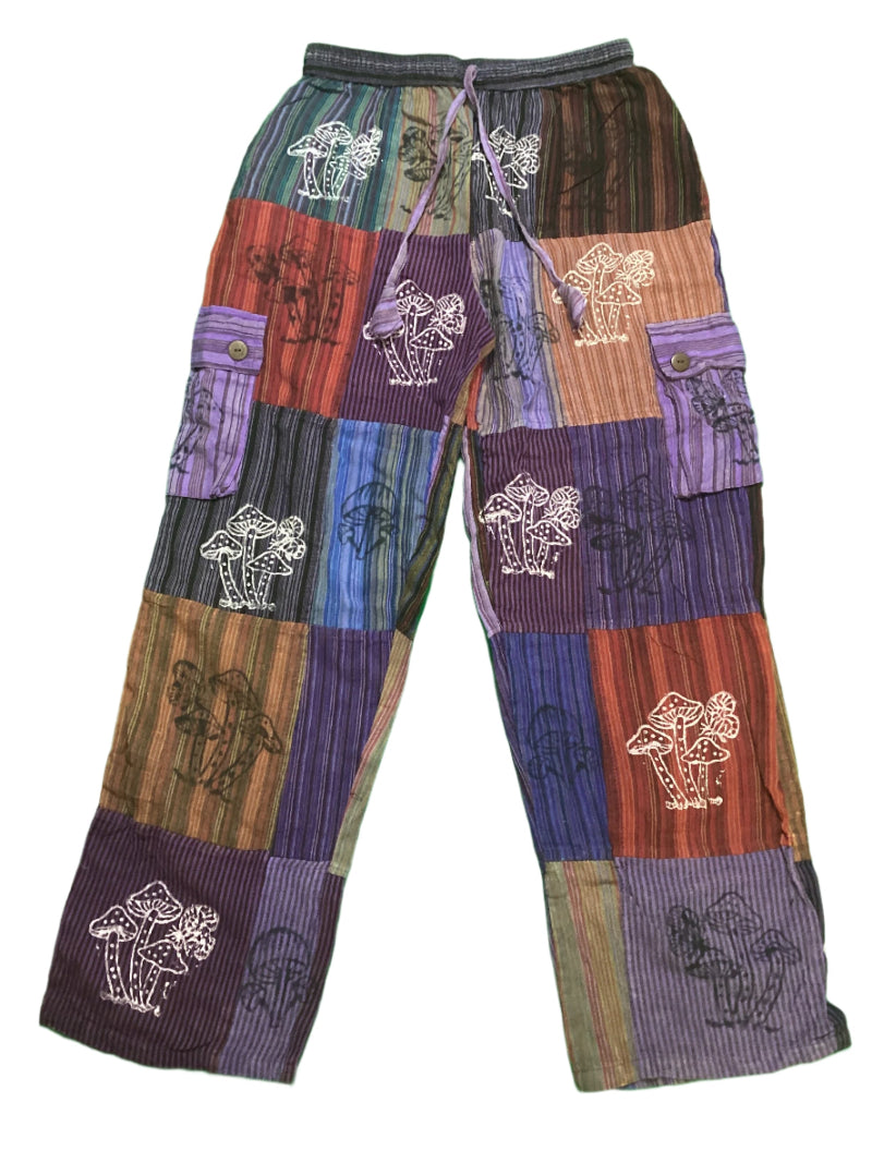 Men's/ Unisex Festive Cotton Mushroom Patchwork Cargo Pants Size Medium-Hand Picked Imports