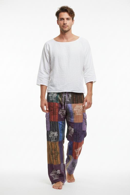 Men's/ Unisex Festive Cotton Mushroom Patchwork Cargo Pants Size Medium-Hand Picked Imports