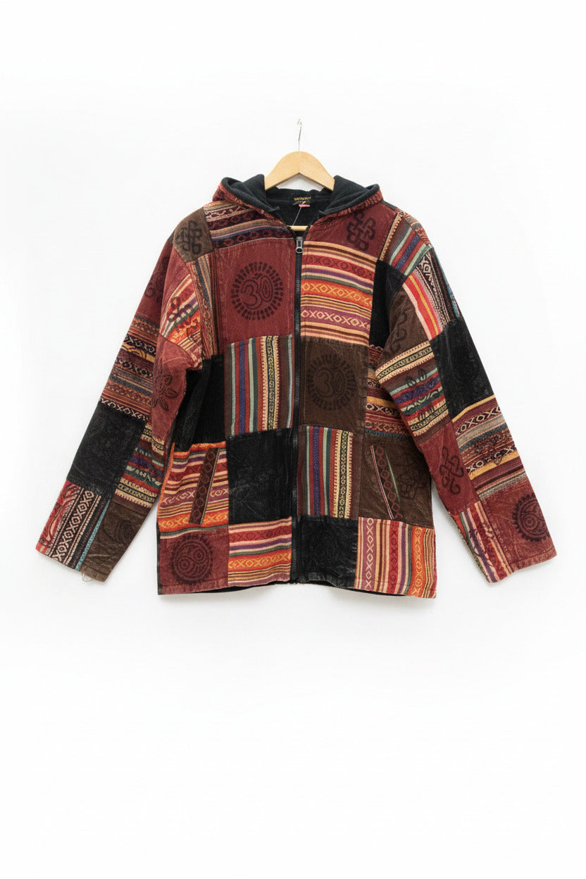Unisex Red Cotton Lined Winter Patchwork Hippie Festival Jacket Size XL