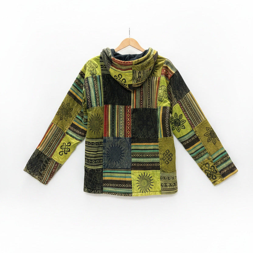 Unisex Green Cotton Lined Winter Patchwork Hippie Festival Jacket Size XL-Hand Picked Imports