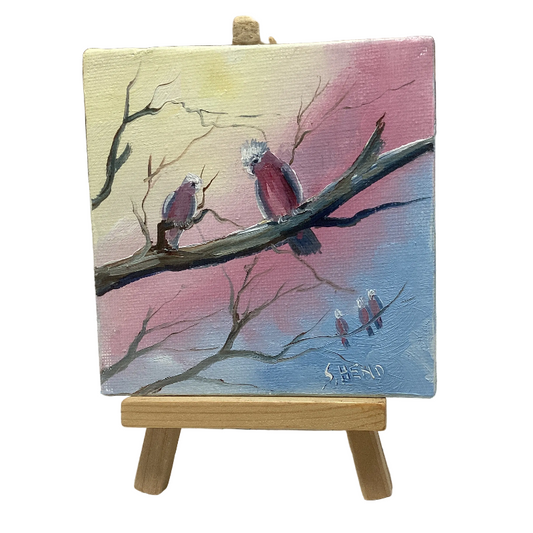 Miniature Oil on canvas with Galahs + Easel By Susan Hend Russell Size 10x10cm-Hand Picked Imports