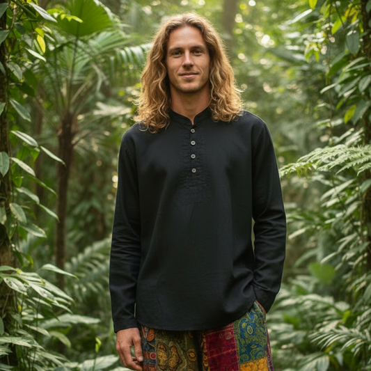 Men's Black Long Sleeve Hemp Shirt | Sizes S–XXL-Hand Picked Imports