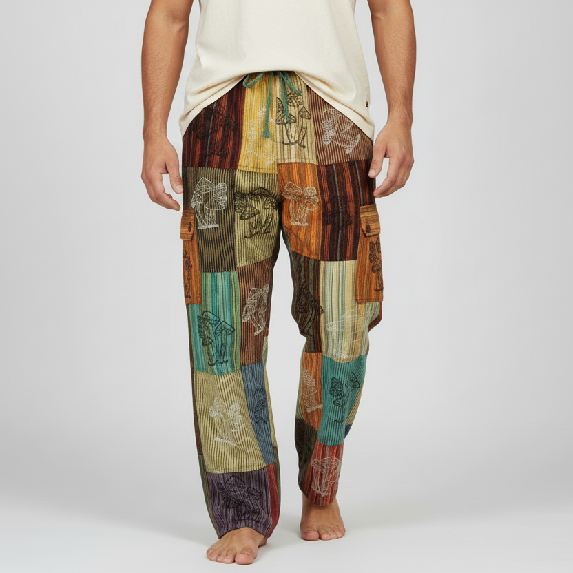 Men's/ Unisex Festive Cotton Mushroom Patchwork Cargo Pants Size Small-Hand Picked Imports