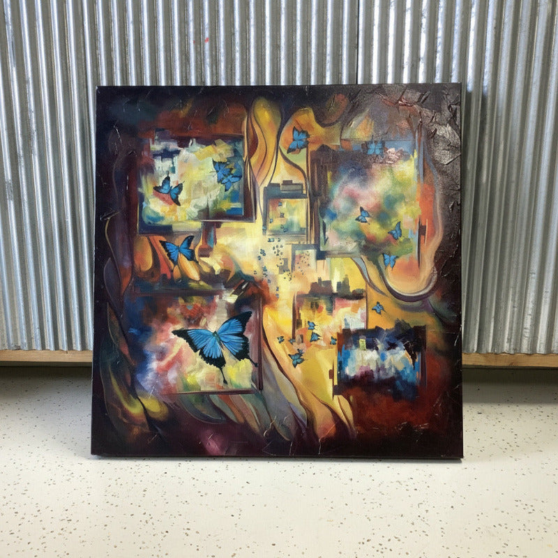 Original Blue Butterflies Mixed-Media Canvas Painting 76 x 76 cm-Hand Picked Imports