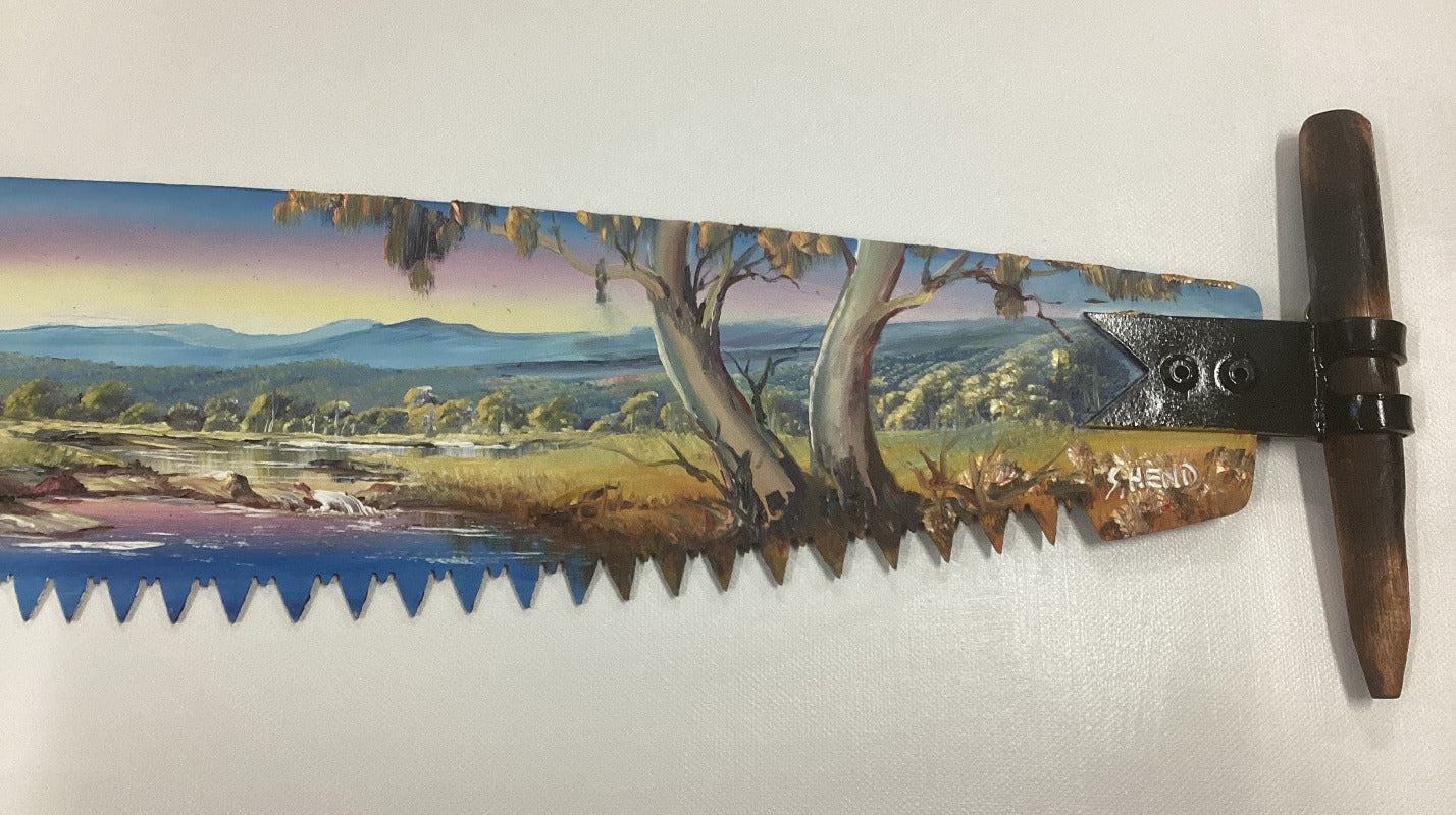 "Woolshed" By Artist Susan Hend Russell Hand Painted Miniature Crosscut Saw 66 x 11 cm-Hand Picked Imports