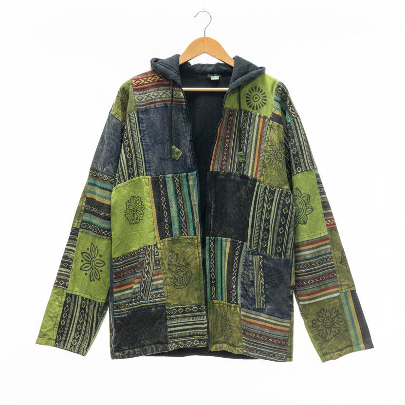 Unisex Green Cotton Lined Winter Patchwork Hippie Festival Jacket Size XXL-Hand Picked Imports