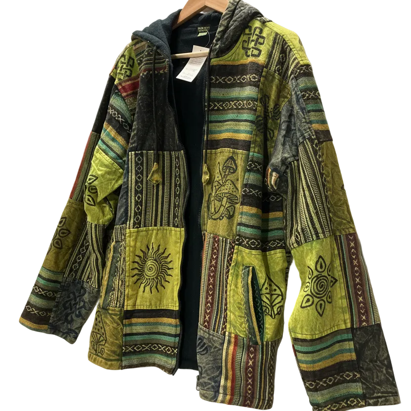 Unisex Green Cotton Lined Winter Patchwork Hippie Festival Jacket Size XL-Hand Picked Imports