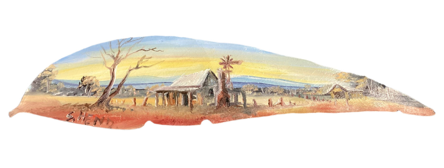 "Settlers Hut with Windmill" Hand Painted Gum Leaf By Artist Sue Hend Russell-Hand Picked Imports