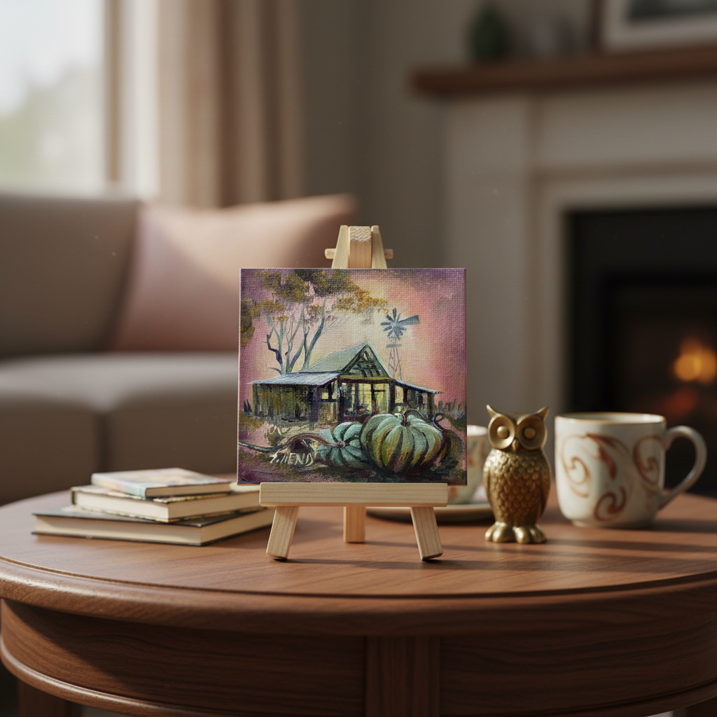 Miniature Oil on canvas with Pumpkins + Easel By Susan Hend Russell Size 10x10cm-Hand Picked Imports