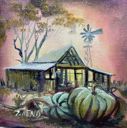 Miniature Oil on canvas with Pumpkins + Easel By Susan Hend Russell Size 10x10cm-Hand Picked Imports