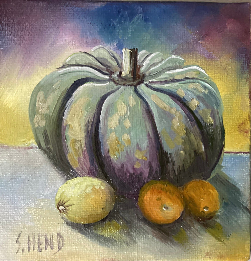 Miniature Oil on canvas with Pumpkins + Easel By Susan Hend Russell Size 10x10cm-Hand Picked Imports