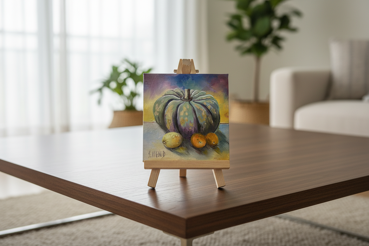 Miniature Oil on canvas with Pumpkins + Easel By Susan Hend Russell Size 10x10cm-Hand Picked Imports