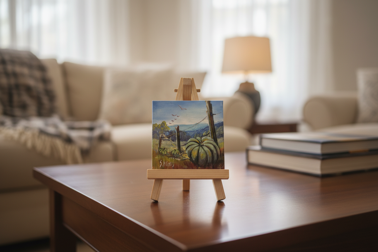Miniature Oil on canvas with Pumpkins + Easel By Susan Hend Russell Size 10x10cm-Hand Picked Imports