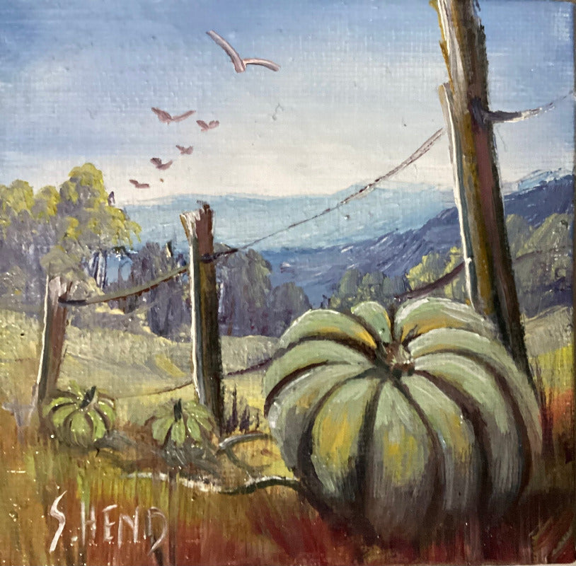 Miniature Oil on canvas with Pumpkins + Easel By Susan Hend Russell Size 10x10cm-Hand Picked Imports