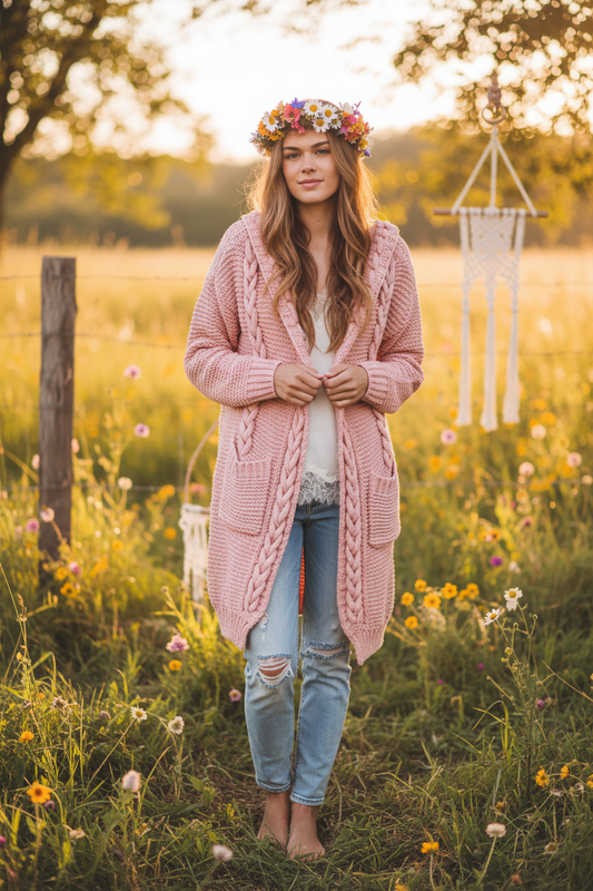 Ladies Long Pink Soft BoHo Knit Winter Cardigan Sizes S/M or M/L-Hand Picked Imports