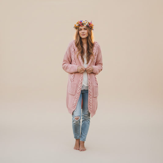 Ladies Long Pink Soft BoHo Knit Hooded Winter Cardigan Sizes S/M or M/L-Hand Picked Imports