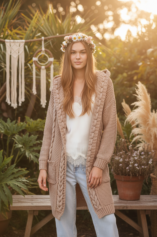 Ladies Long Tan Soft BoHo Knit Winter Cardigan Sizes S/M or M/L-Hand Picked Imports