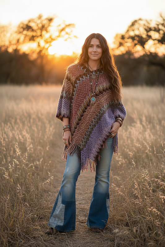 Ladies Zig Zag Diamond Ponchos Boho Style Free Size-Hand Picked Imports