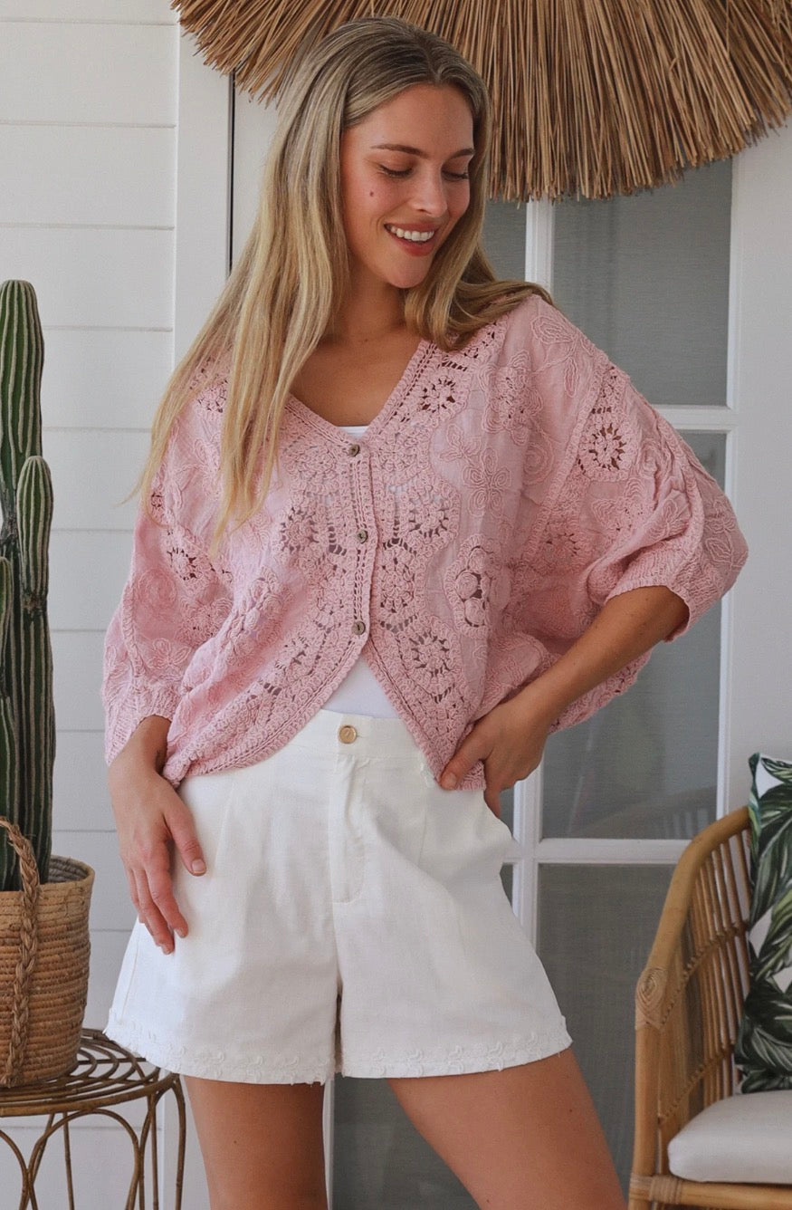 Ladies Boho Lace Cardigan Size 10 to 14 | White, Cream or Pink-Hand Picked Imports