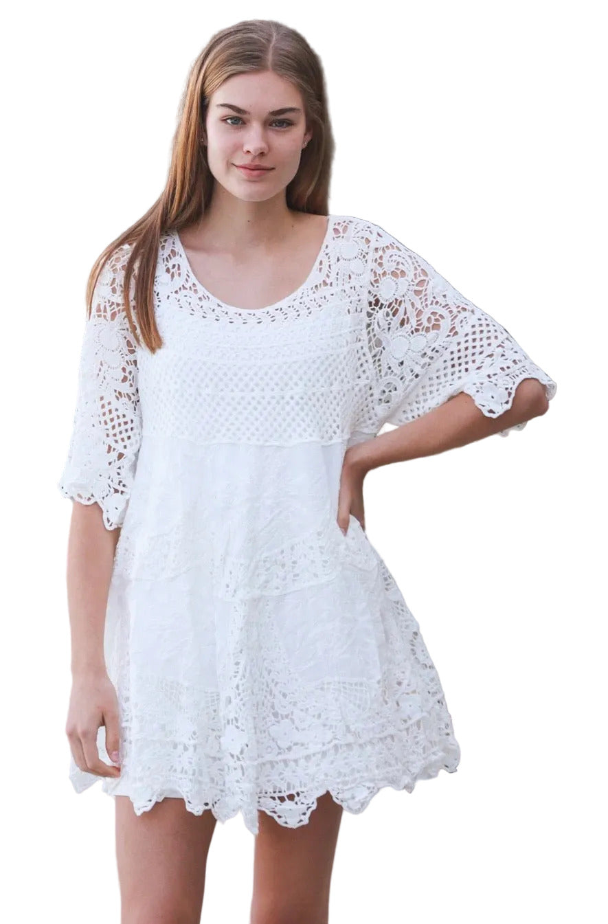 Ladies Cream or White Coloured Baby Doll Crochet Cotton Dress Sizes 10 to 14 by Willow-Hand Picked Imports