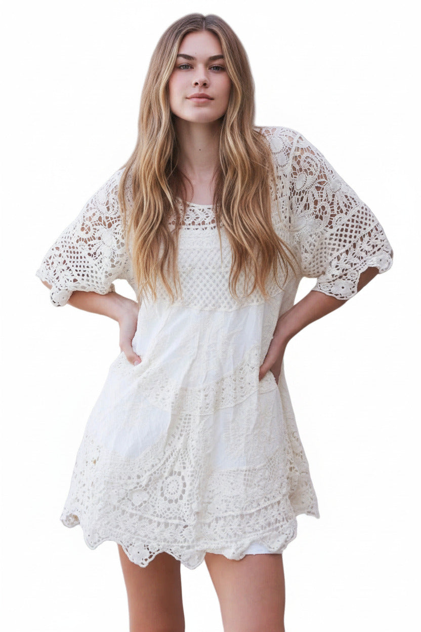 Ladies Cream or White Coloured Baby Doll Crochet Cotton Dress Sizes 10 to 14 by Willow-Hand Picked Imports