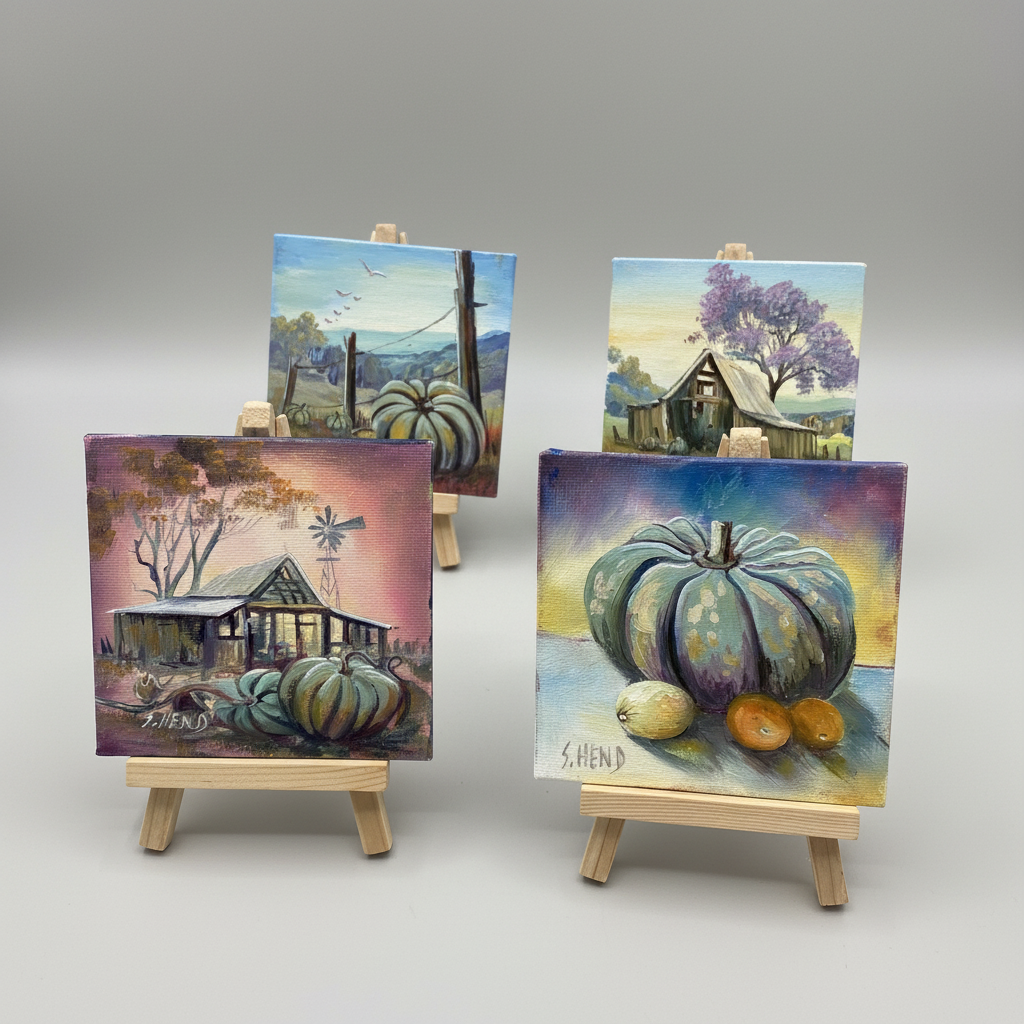 Miniature Oil on canvas with Pumpkins + Easel By Susan Hend Russell Size 10x10cm-Hand Picked Imports