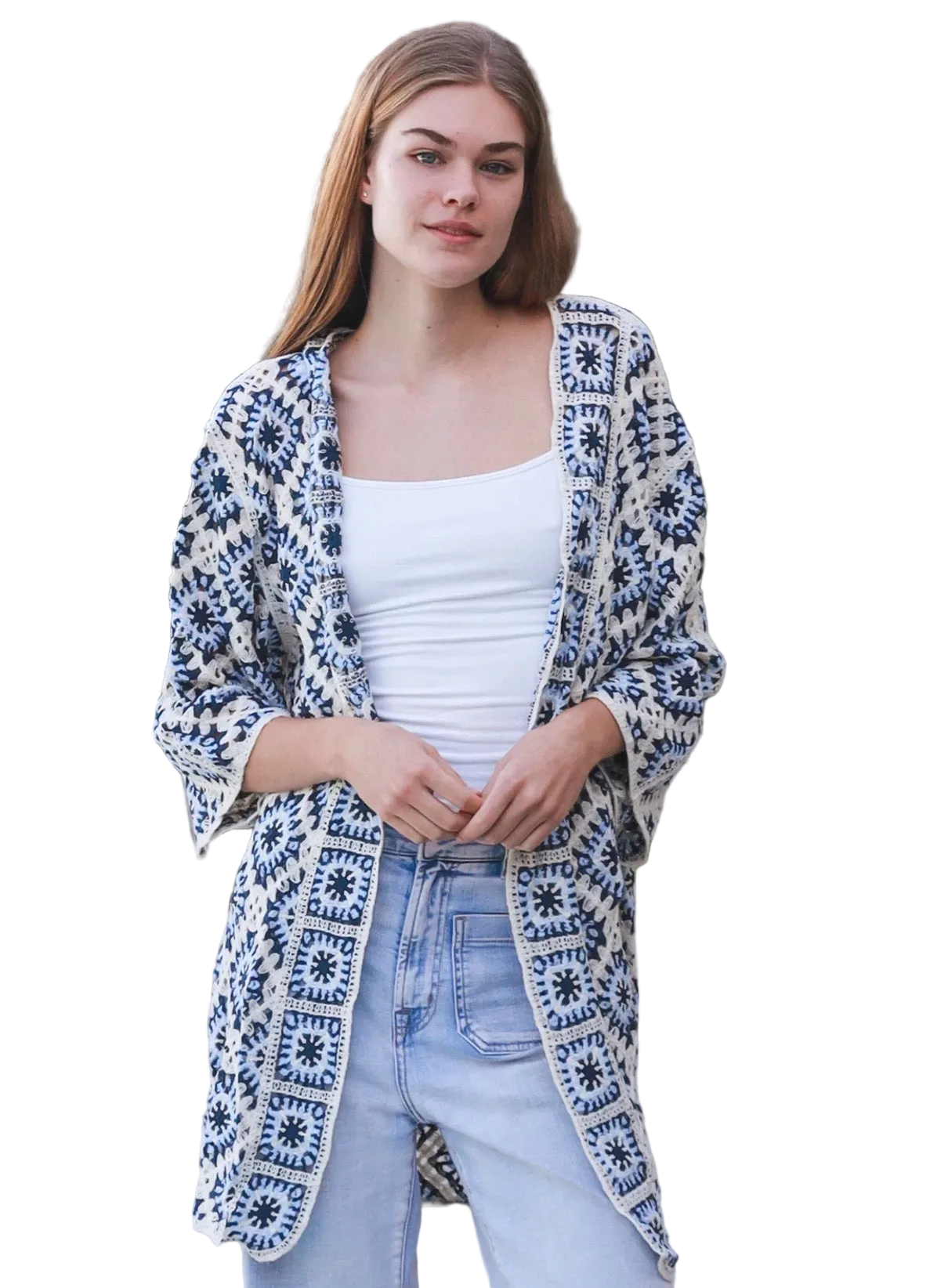 Ladies Blue Stretchy Mid Season Cardigan/Top Size Medium-Hand Picked Imports