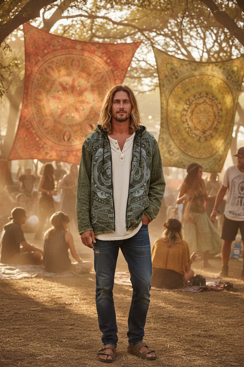 Men's Green OM Printed Stone Washed Hippie Festival Jacket Size Medium-Hand Picked Imports