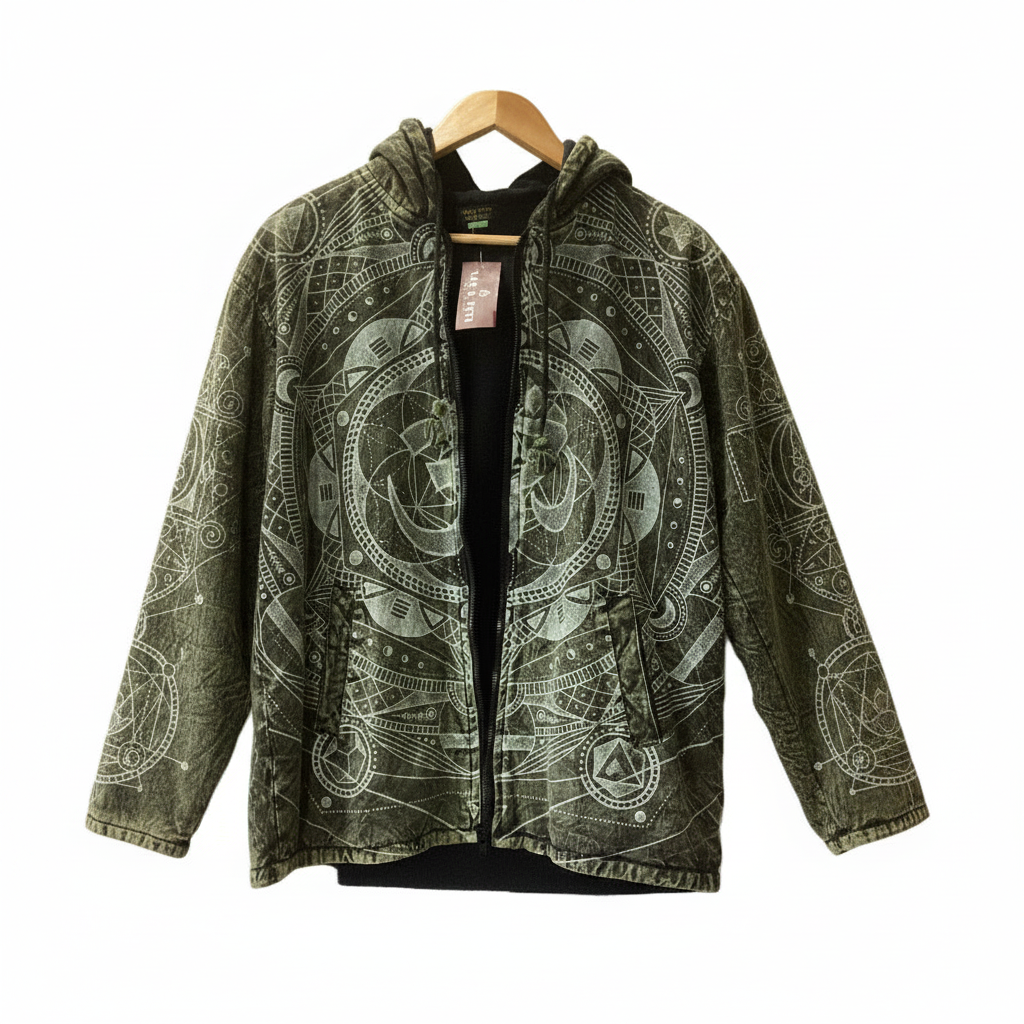 Men's Green OM Printed Stone Washed Hippie Festival Jacket Size Medium-Hand Picked Imports