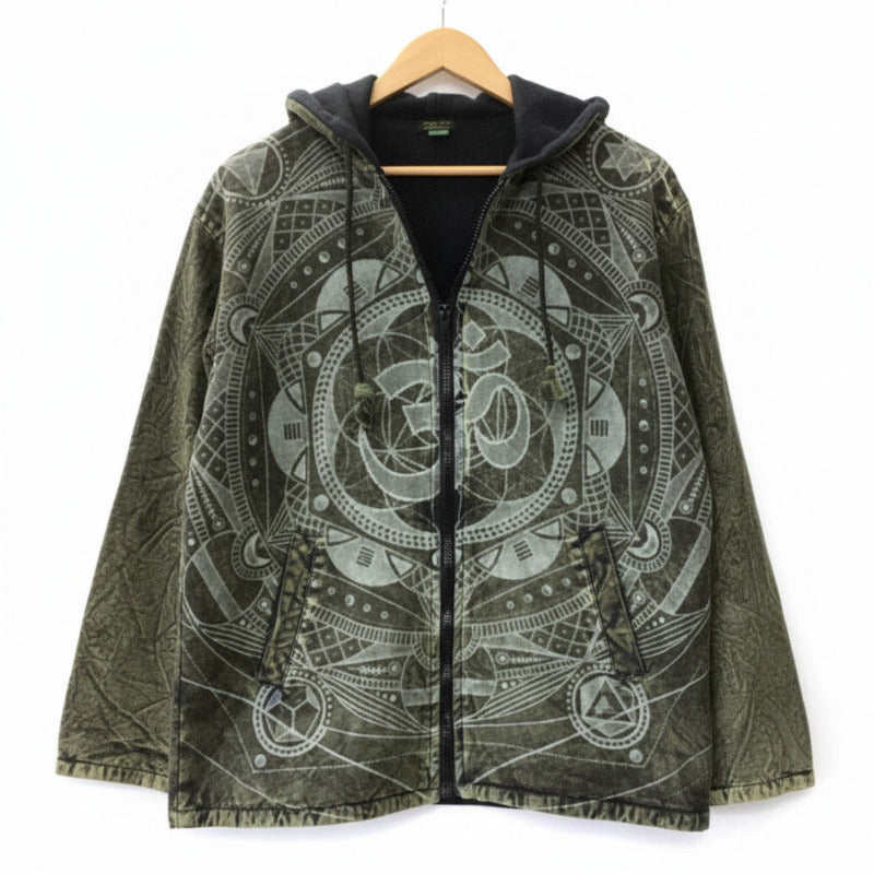 Men's Green OM Printed Stone Washed Hippie Festival Jacket Size Medium-Hand Picked Imports