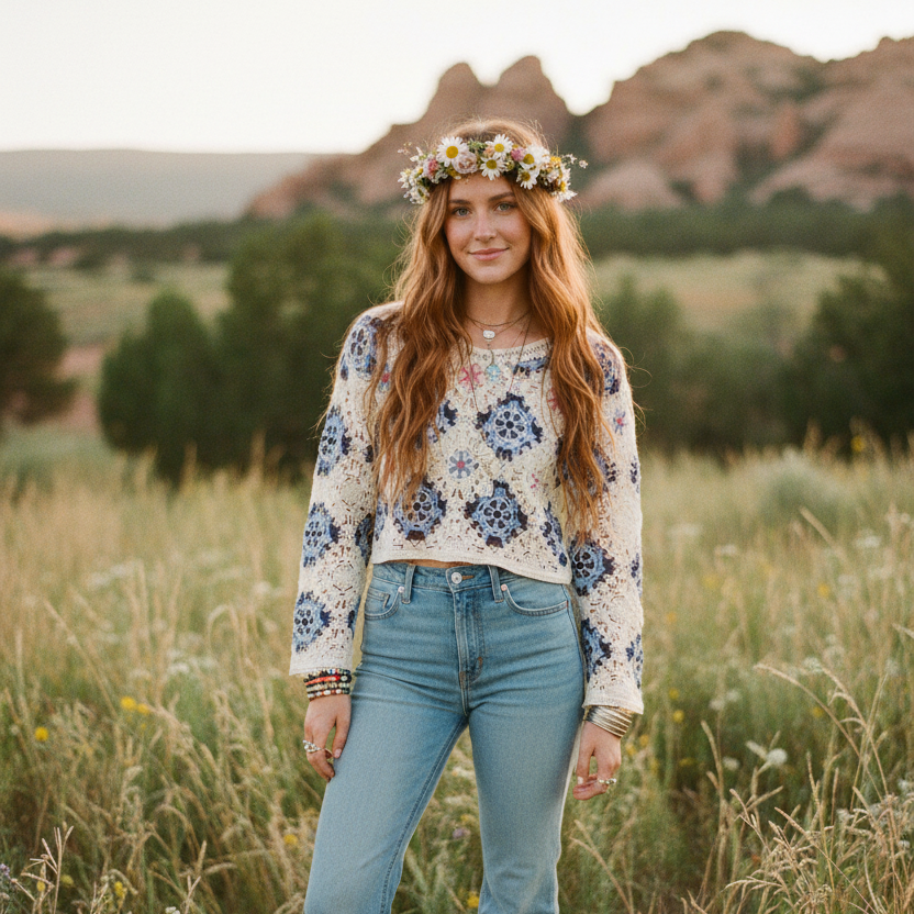 Blue & Cream Crochet Jumper Top, Size 8–12-Hand Picked Imports