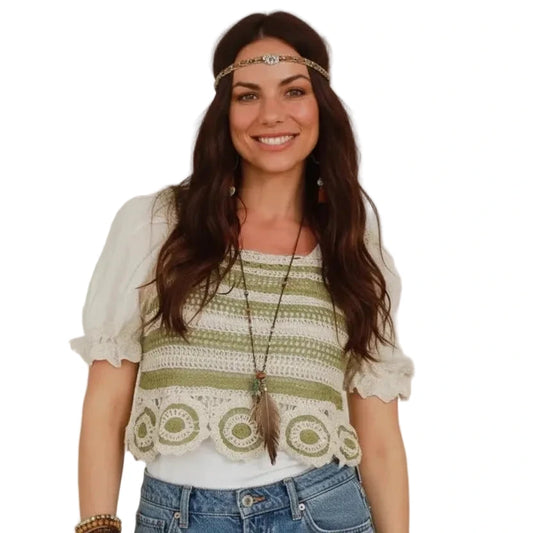 Ladies Cream & Green Lace Top Size 6 to 10-Hand Picked Imports