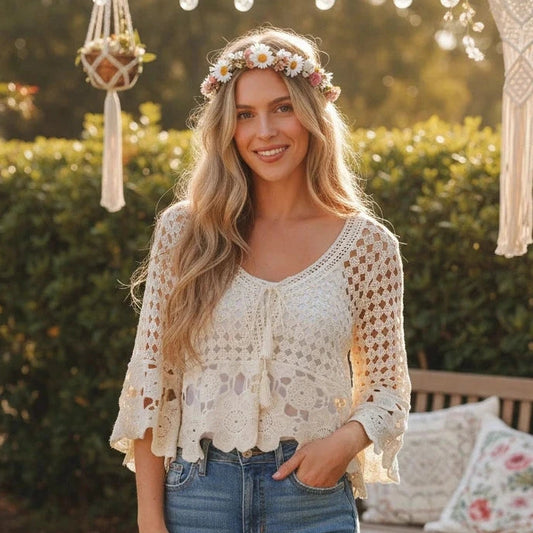 Ladies Boho Cream Lace Top Size 10 to 14-Hand Picked Imports