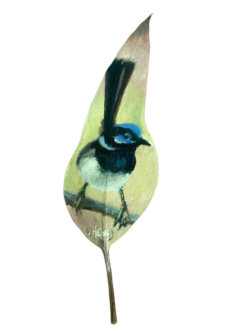 "Blue Wren" Hand Painted on Gum Leaf By Artist Sue Hend Russell-Hand Picked Imports
