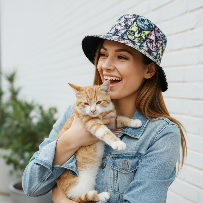 Funky Unisex Reversible Cotton Cat Printed Bucket Hat-Hand Picked Imports