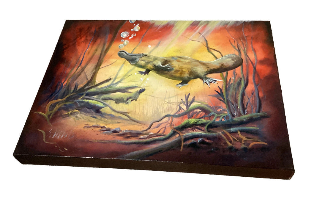 Beneath the Golden Waters – Platypus Oil Painting by Susan Hend Russell