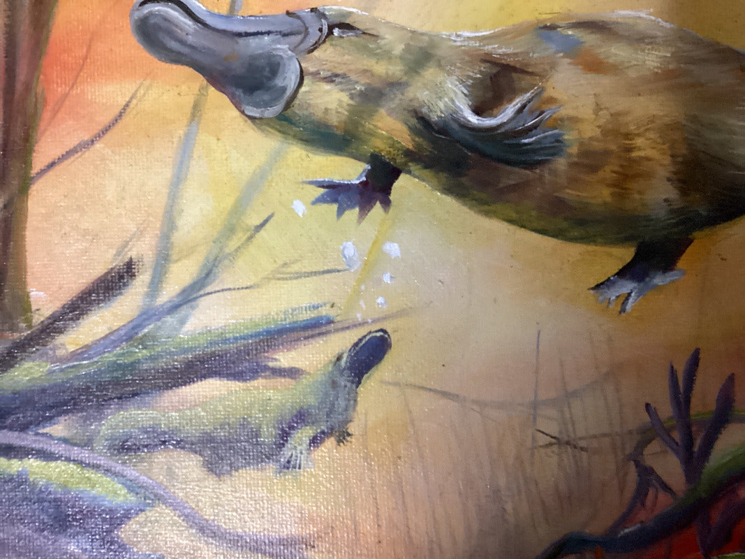 Beneath the Golden Waters – Platypus Oil Painting by Susan Hend Russell
