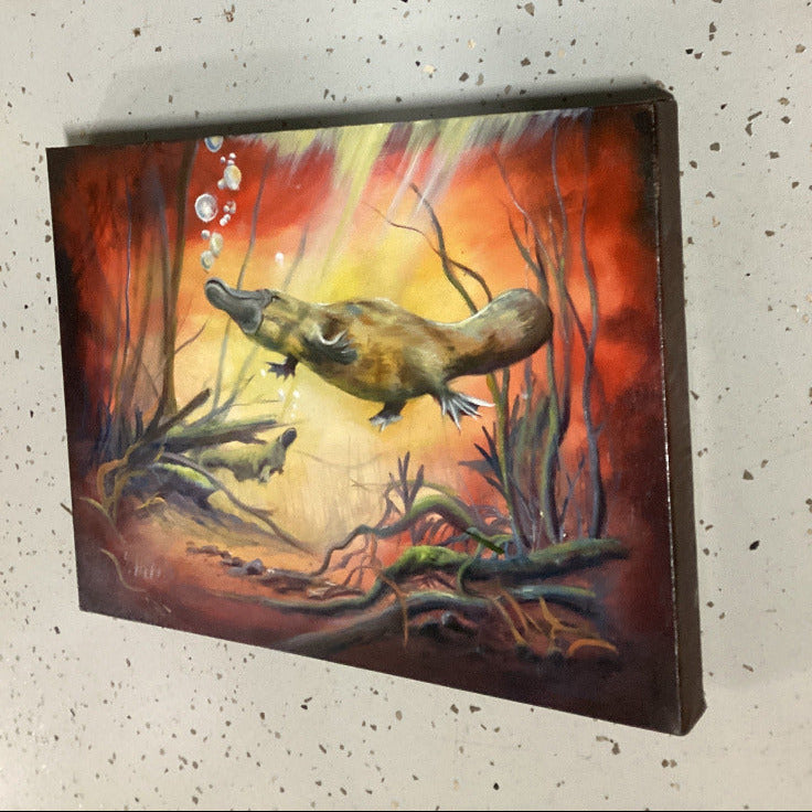 Beneath the Golden Waters – Platypus Oil Painting by Susan Hend Russell