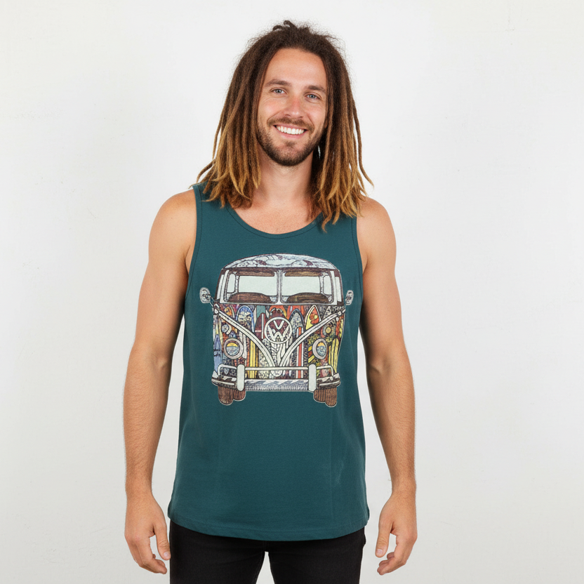 Turquoise Men's/Unisex V W Kombi Design Cotton Singlet S/M-Hand Picked Imports