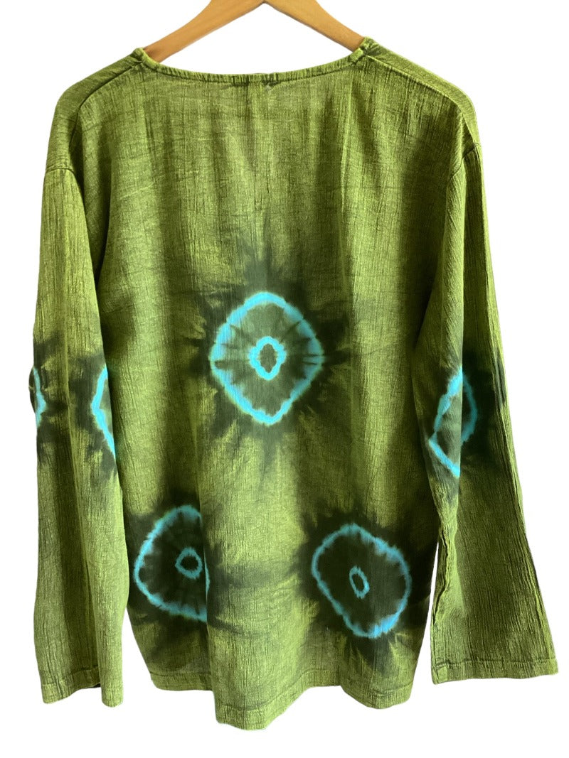 Men's Green Tie Dyed Long Sleeve BoHo Hippie Shirt Size M,L,& XL-Hand Picked Imports