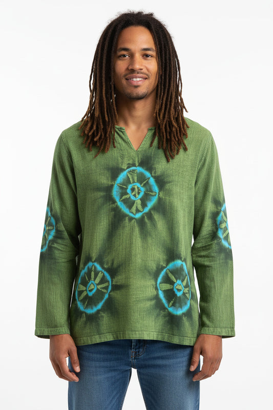 Men's Green Tie Dyed Long Sleeve BoHo Hippie Shirt Size M, L & 3XL-Hand Picked Imports