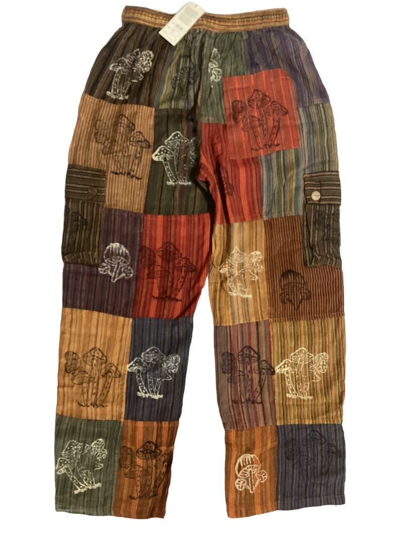Men's/ Unisex Festive Cotton Mushroom Patchwork Cargo Pants Size Small-Hand Picked Imports