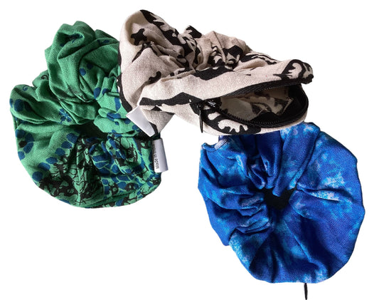 3Pc Hippie BoHo Cotton Scrunchies with Secret Pocket/Zipper Made in India-Hand Picked Imports