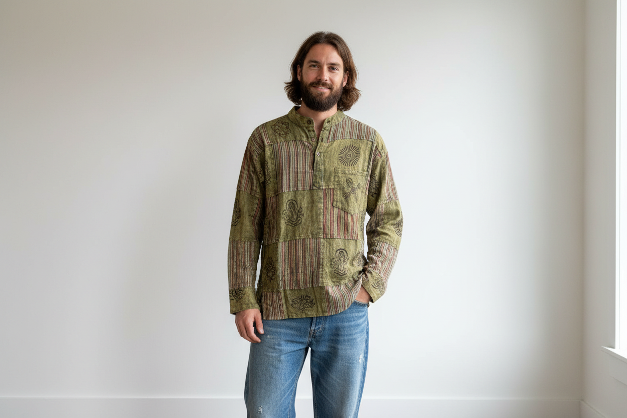 Men's Cotton Long sleeve Patchwork Hippie Shirt Made in Nepal size Small or Medium-Hand Picked Imports