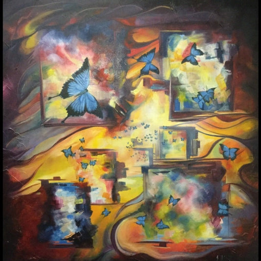 Original Painting Blue Butterflies On Stretched Canvas 76 X 76 X 3.5 cm-Hand Picked Imports
