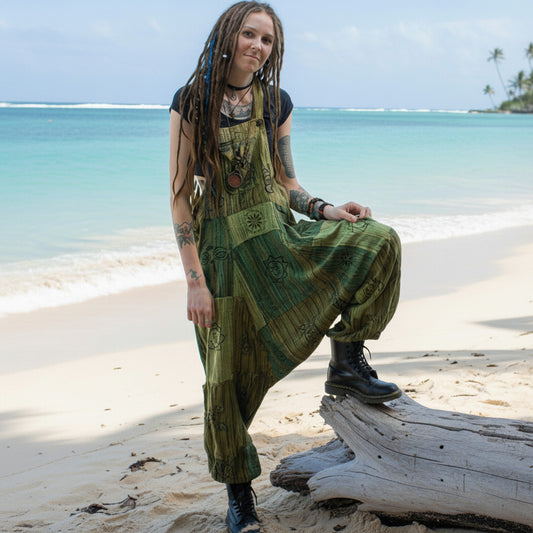 Green Patchwork Festival Hippie Aladdin Overalls From Nepal-Hand Picked Imports