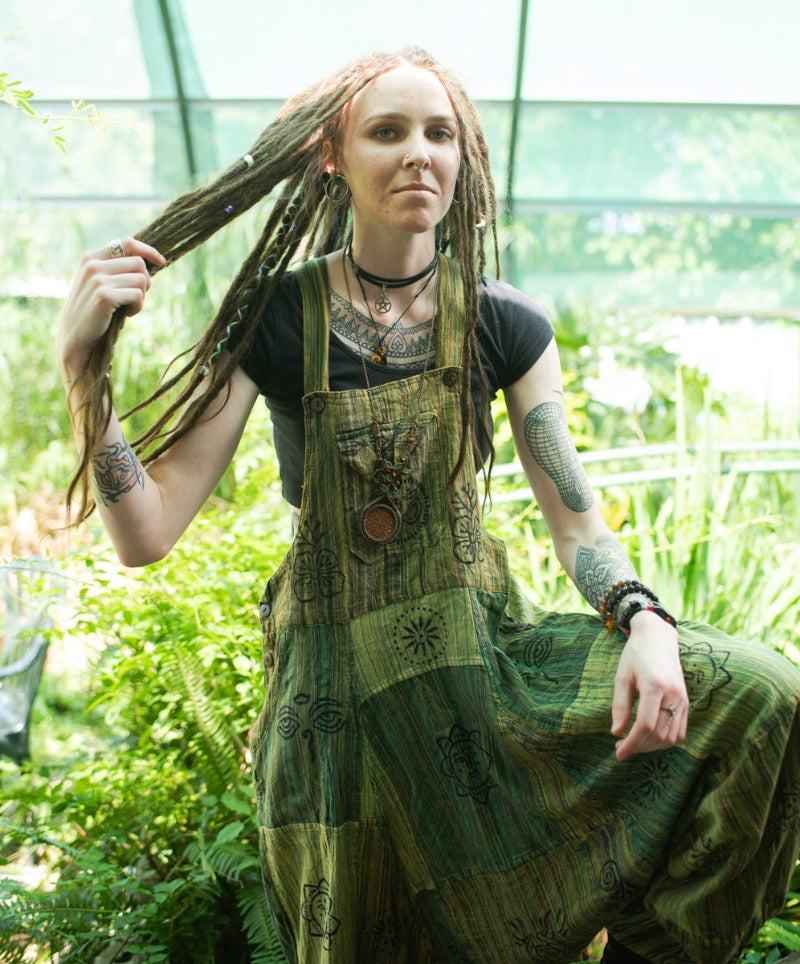 Green Patchwork Festival Hippie Aladdin Overalls From Nepal-Hand Picked Imports