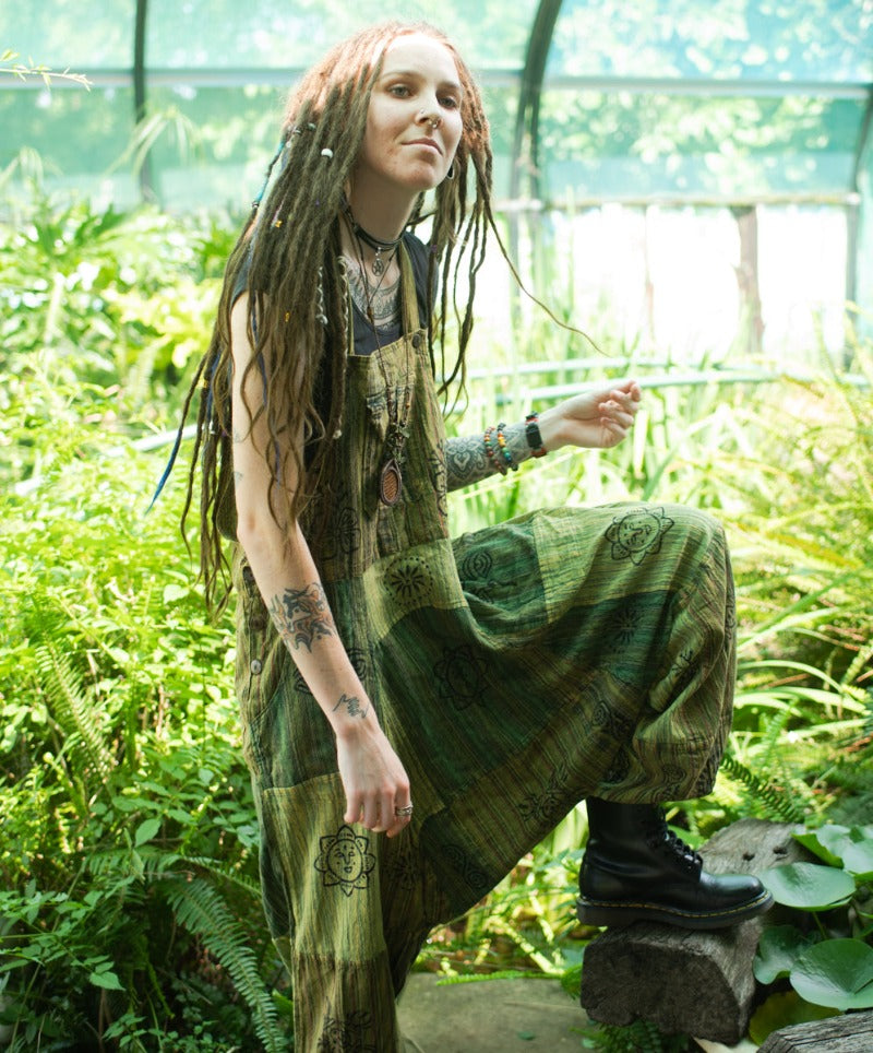 Green Patchwork Festival Hippie Aladdin Overalls From Nepal-Hand Picked Imports