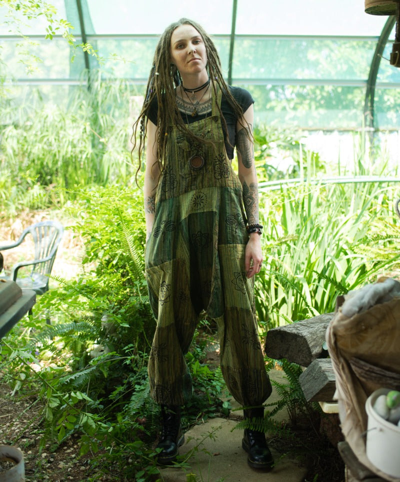 Green Patchwork Festival Hippie Aladdin Overalls From Nepal-Hand Picked Imports