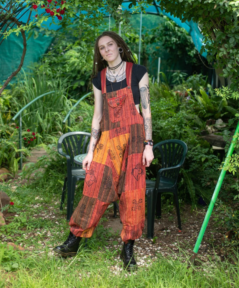 Red Festival Hippie Aladdin Patchwork Overalls from Nepal-Hand Picked Imports